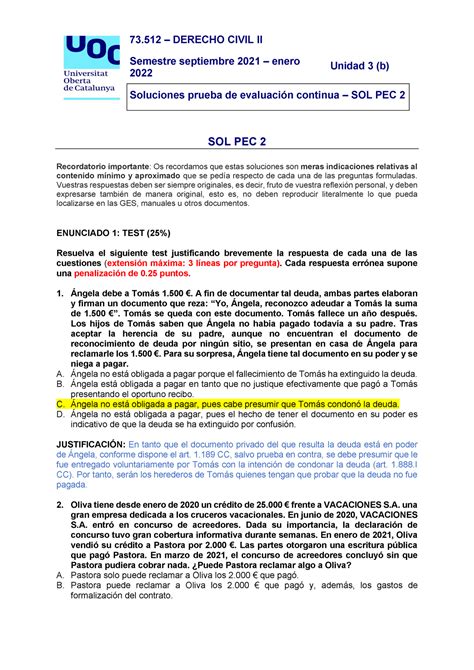 Solución de la PEC 2 73 DERECHO CIVIL II Semestre septiembre 2021