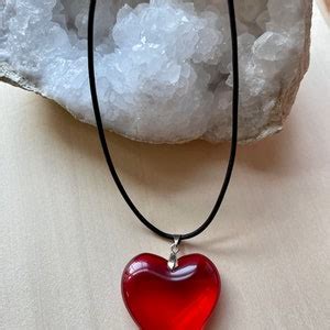 Large Red Glass Heart Necklace Big Red Heart Necklace Leather