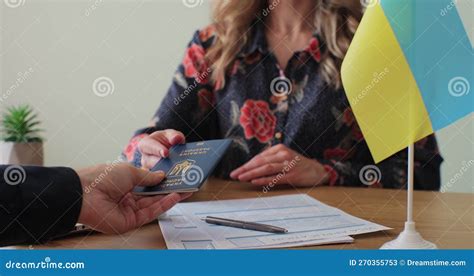 Ukranian Embassy Woman Officer Giving Passport To Man Immigrant ...