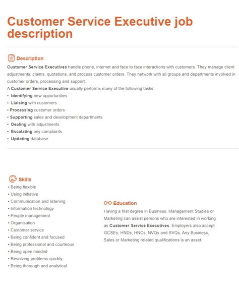 Customer Services Executive Job Description Example Free Word