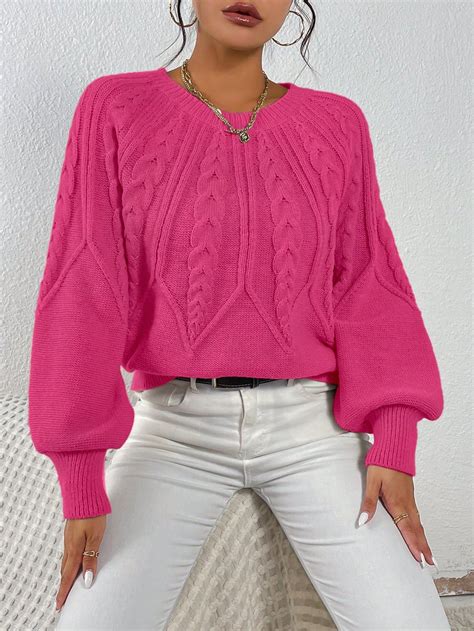 Hot Pink Casual Collar Long Sleeve Fabric Plain Pullovers Embellished Medium Stretch Women