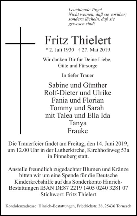 Traueranzeigen Von Fritz Thielert Sh Z Trauer