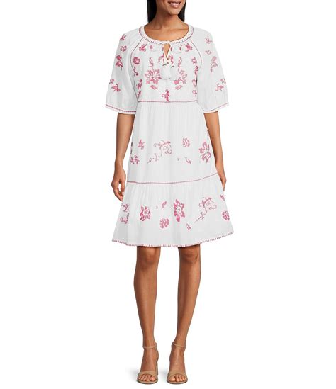 John Mark Embroidered Short Sleeve Knee Length Dress With Tassel Ties