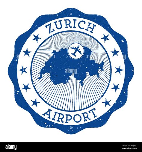 Zurich Airport stamp. Airport of Zurich round logo with location on Switzerland map marked by ...