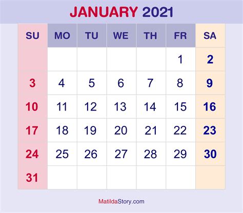 January Printable Calendar 2021 | Free Letter Templates