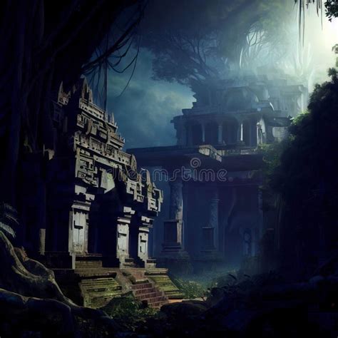 Ancient Temple In Dark Jungle Old Ruins In Fantasy Tropical Forest