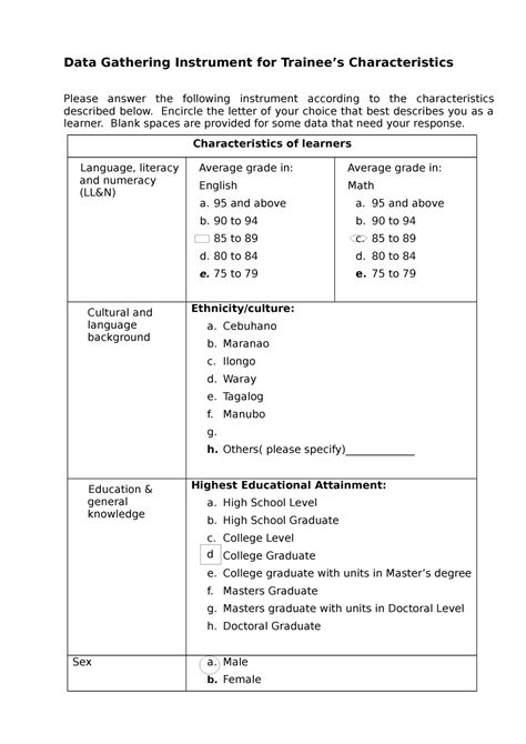 1 Data Gathering Instrument Data Gathering Instrument For Trainees