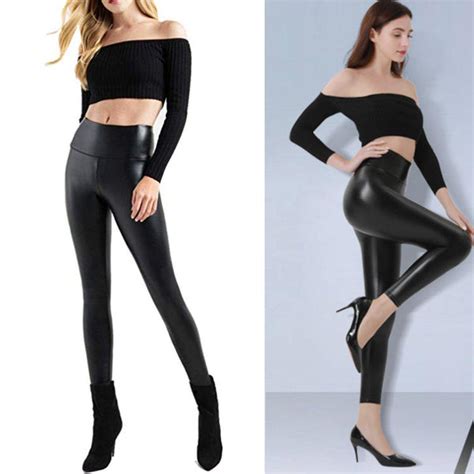 Black Faux Leather Leggings Womens Pleather Stretchy Pants