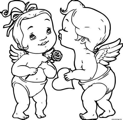 Coloriage Deux Bebes Coeurs Fleur Cupidons JeColorie