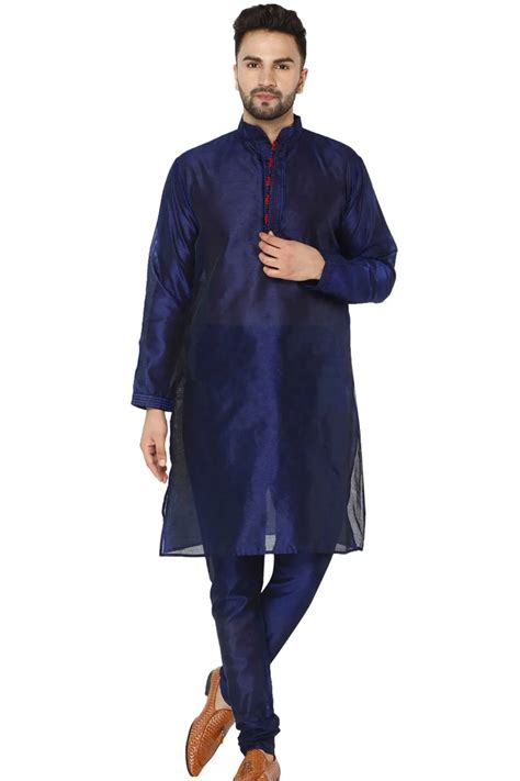 Solid Color Dupion Silk Kurta Set In Navy Blue Ucchal Fashion