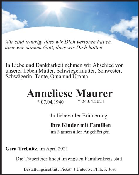 Traueranzeigen Von Anneliese Maurer Trauer In Thueringen De