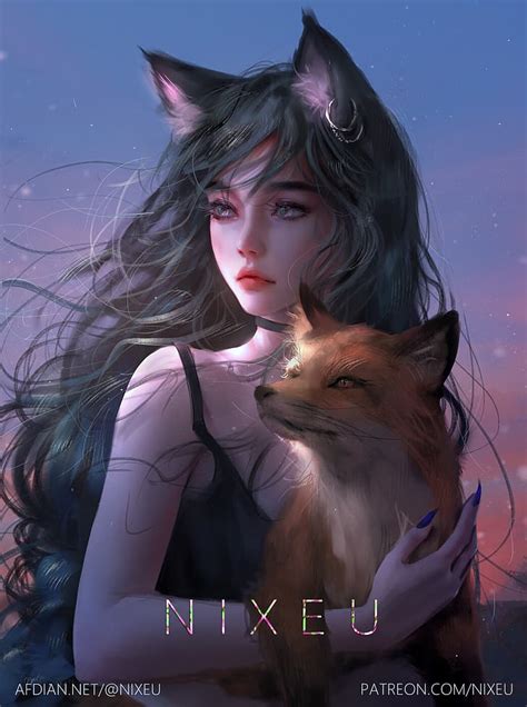 1284x2778px | free download | HD wallpaper: Nixeu, drawing, women, fox ...