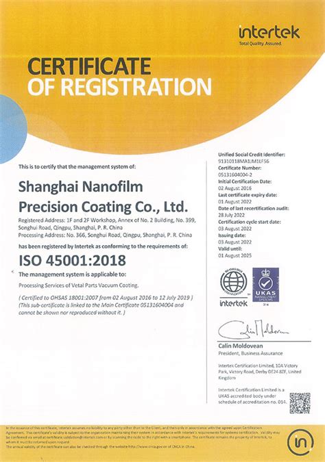 Nanofilm Company Certificates