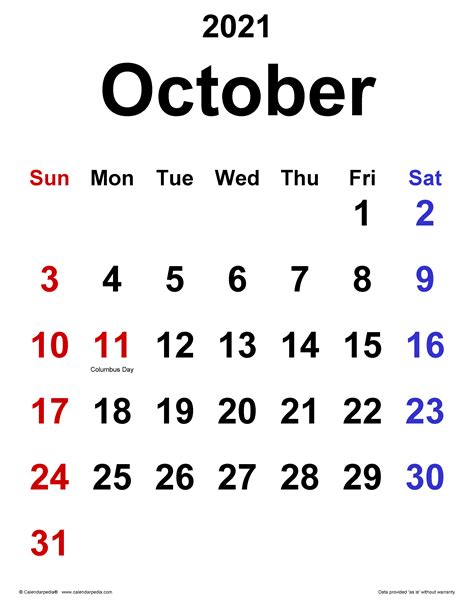 October 2021 Calendar Templates For Word Excel And Pdf