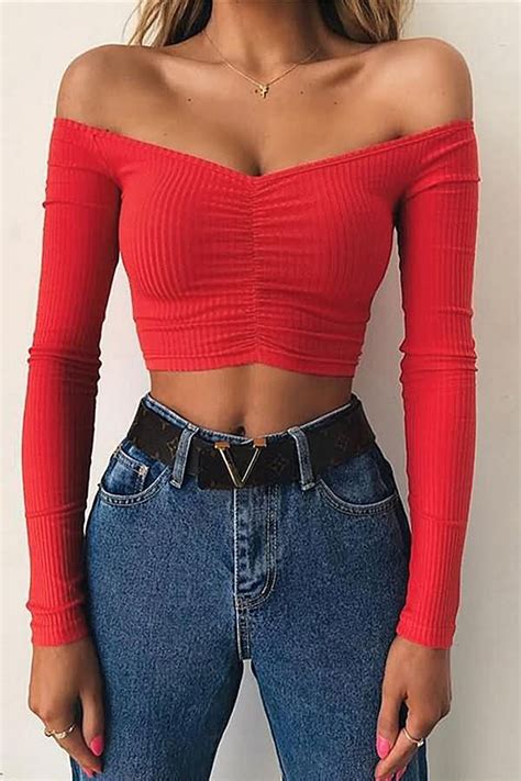 Women Red Ribbed Off Shoulder Long Sleeve Sexy Crop Top L Crop Top