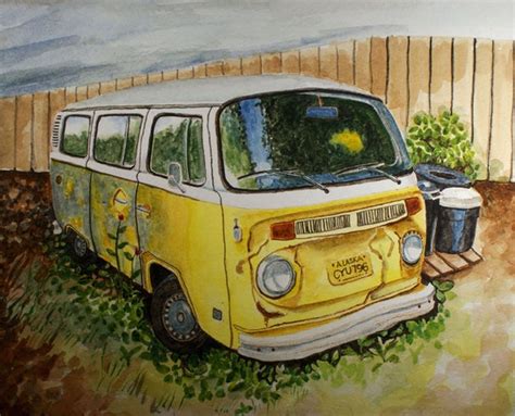 Items Similar To Original Watercolor Painting Of Vintage Yellow Vw Bus