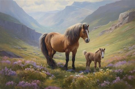 Premium AI Image | A painting of a horse and a foal in a field.