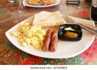 Toast Bread Scramble Egg Sausages Breakfast Stock Photo