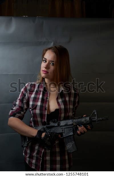Sexy Blonde Black Bra Gun Stock Photo Shutterstock