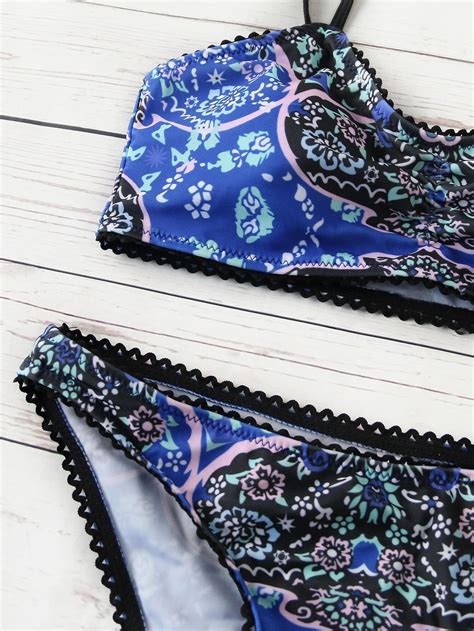 Blue Printed Scalloped Trim Bikini SetFor Women Romwe