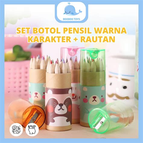 Jual Set Botol Pensil Warna Karakter Rautan 12 Warna Pensil Warna