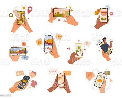 Hands Holding Mobile Phones With Application Flat Cartoon Set Isolated