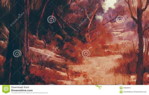 Landscape of red forest stock illustration. Illustration of painting ...