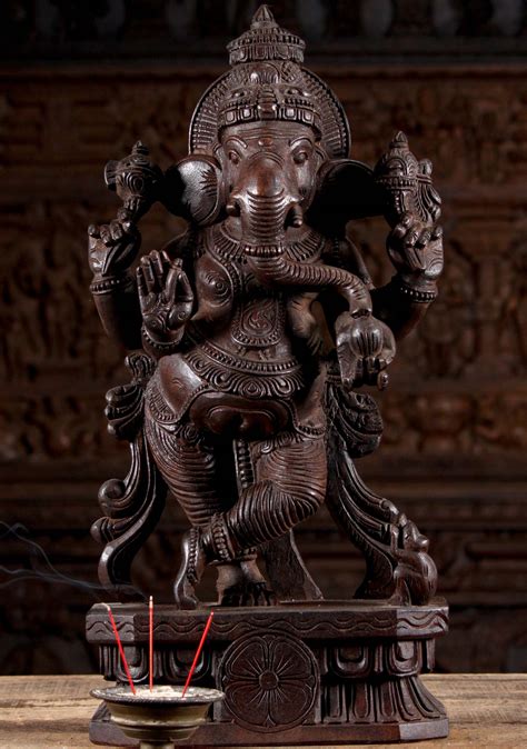 SOLD Standing Neem Wood Ganesha Statue Hand Carved On Lotus Base With