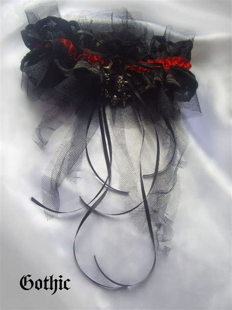 Gothic Black Lace With Red Ribbon Wedding Garter Trophy Belt Skulls