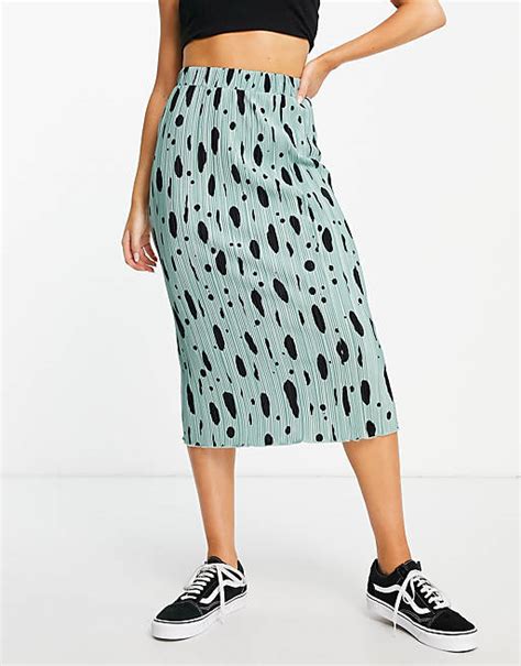 Monki Spot Print Pleated Midi Skirt In Multi Mblue Asos