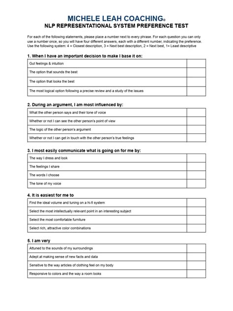 Nlp Representational System Preference Test Download Free Pdf