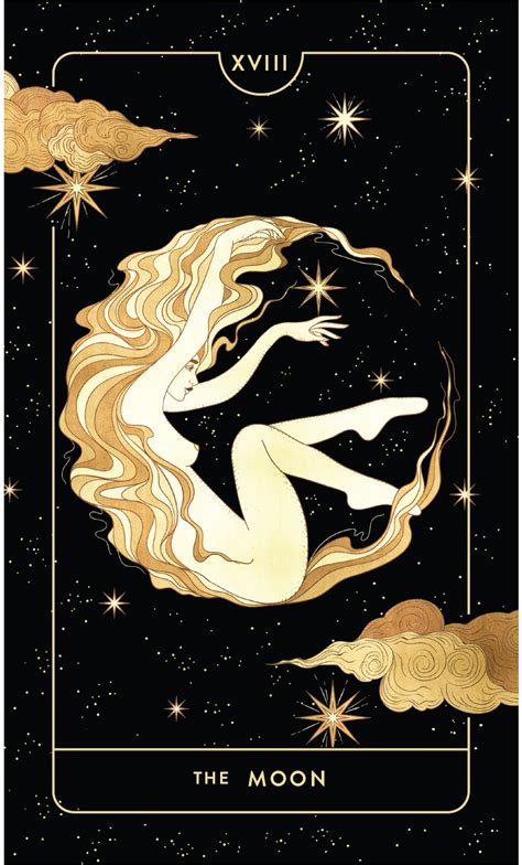 The Moon Tarot Card Is Shown In Gold And Black With Stars Above It