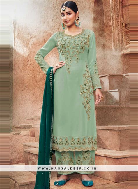 Green Ceremonial Faux Georgette Designer Pakistani Salwar Suit