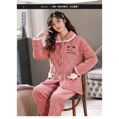 ☜∏ready Stock Pajamas Women Winter Three Layer Thickened Coral Fleece