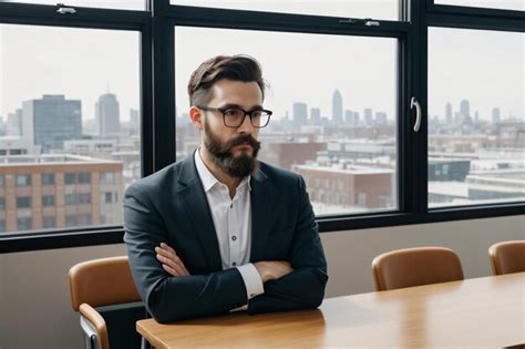 Premium Ai Image A Man With A Beard And Glasses Sitting At A Table In