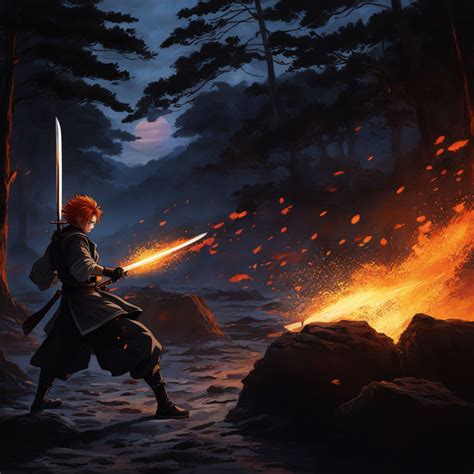 rengoku  demon slayer posed mid action  fiery hair