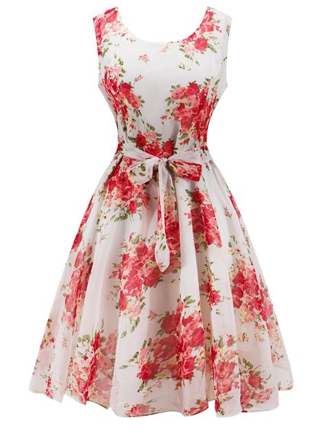 [44 Off] Knee Length Floral Belted Flare Dress Rosegal