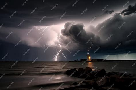 Premium AI Image | A lightning storm over a lighthouse