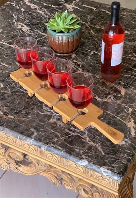 Wine Flight Paddle With 4 Acrylic Wine Glasses Wooden Serving Etsy