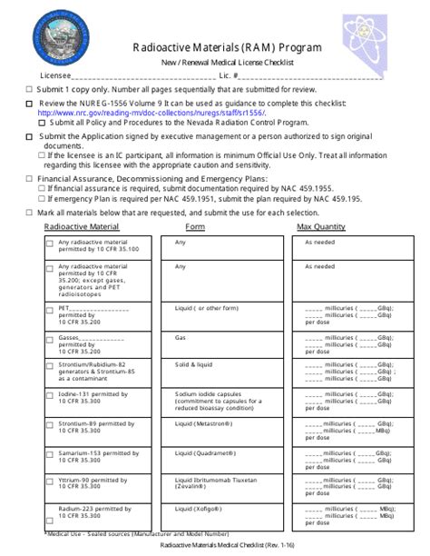 Nevada New Renewal Medical License Checklist Radioactive Materials