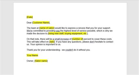 Salon Price Increase Notice Letter Template Salon Price Increase