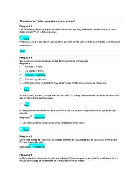 Cuestionario preguntas y respuestas Historia Mundial Contemporánea