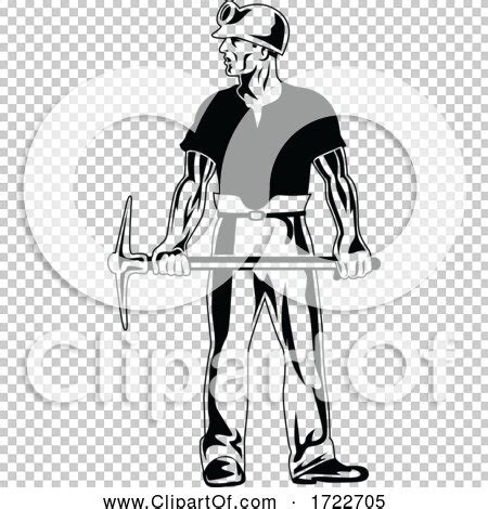 Coal Miner Wearing Hard Hat And Holding Pick Ax Standing Stencil Black