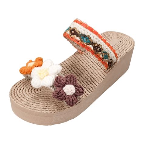 Ladies Summer Bohemian Style Rope Weaving Beach Outside Wear Slope Heel Large Size Sandals