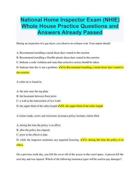 National Home Inspector Exam Nhie Whole House Practice Questions And