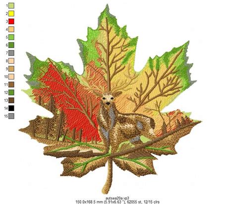 Maple Leaf With Deer Machine Embroidery Design Deer On A Etsy