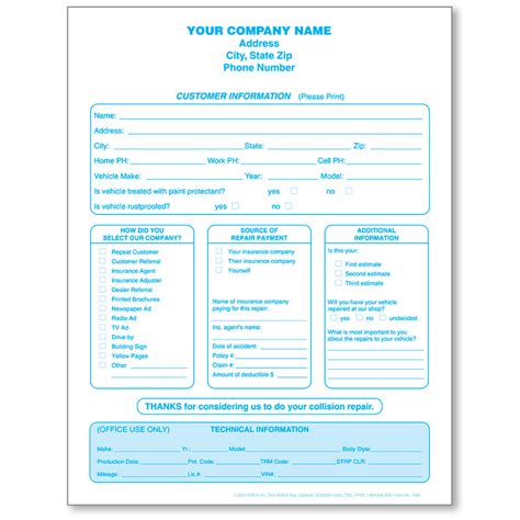 Customer Information Form Automotive Forms Auto Supply