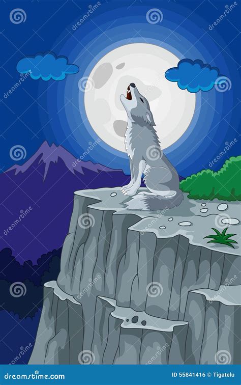 Cartoon Wolf Howling Under The Full Moon Stock Vector Image 55841416