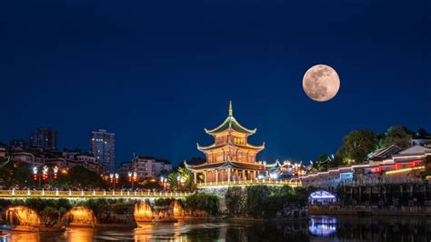 Jiaxiu Tower Under A Full Moon Guiyang Guizhou Province China Bing