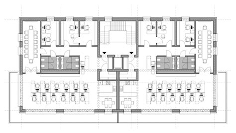 Repetitive floor plan, shown for office use, including: reception hall ...